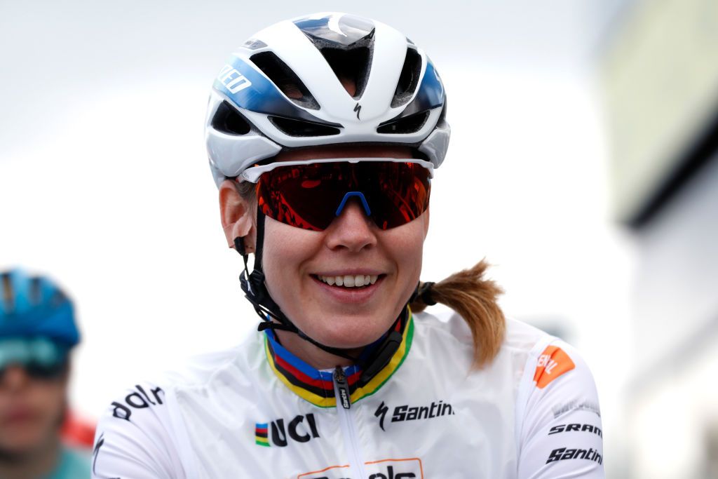 OUDENAARDE BELGIUM OCTOBER 18 Start Anna Van Der Breggen of The Netherlands and Boels Dolmans Cycling Team World Champion Jersey during the 17th Tour of Flanders 2020 Ronde van Vlaanderen Women Elite a 1356km stage from Oudenaarde to Oudenaarde RVV20 FlandersClassic on October 18 2020 in Oudenaarde Belgium Photo by Bas CzerwinskiGetty Images