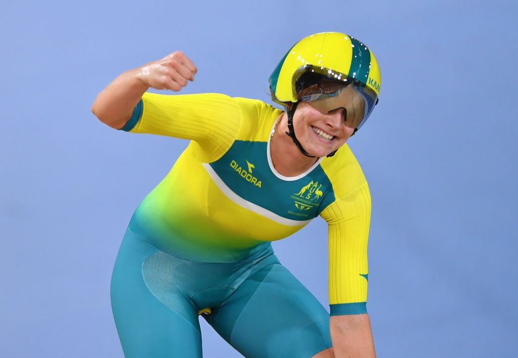 Ashlee Ankudinoff of Australia celebrates winning gold in the Women's 4000m Team Pursuit Gold Final