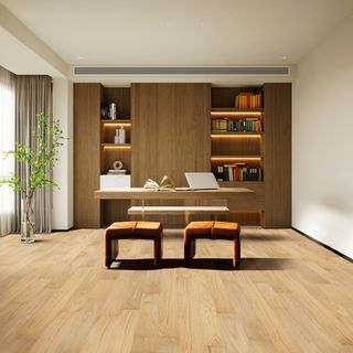 engineered wood flooring in home office space with wooden storage and oak table with stools