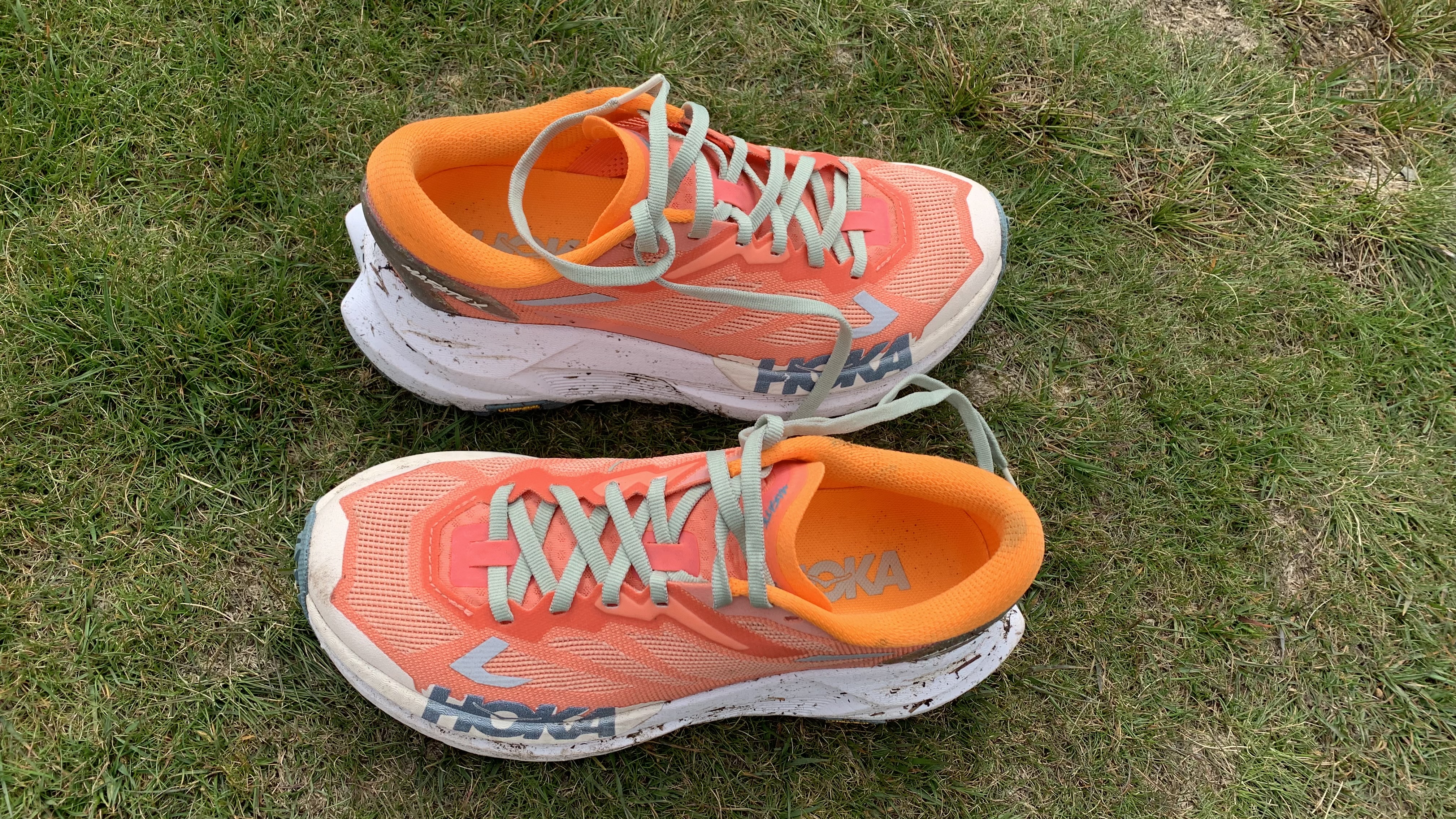 Hoka Mafate X trail running shoes - pictured on grass