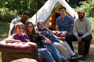 The comedians all live in the woods in tents during filming, while David Mitchell slips off home!