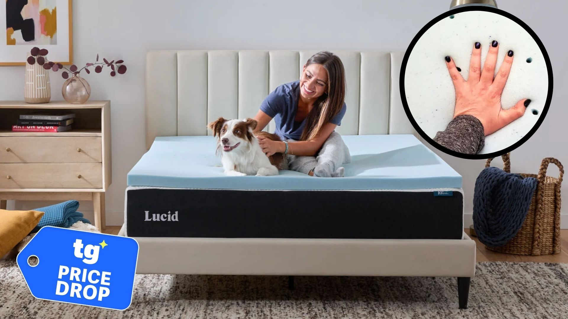 A college student and her pet dog on the Lucid Gel Memory Foam Mattress topper.