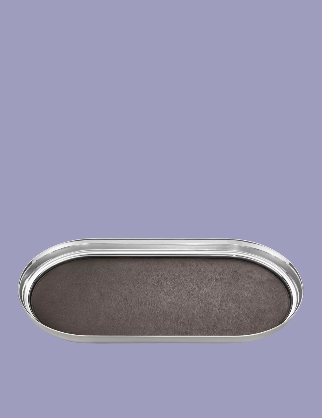 Georg Jensen Manhattan Stainless Steel and Leather Tray 35x18cm against dark purple background.