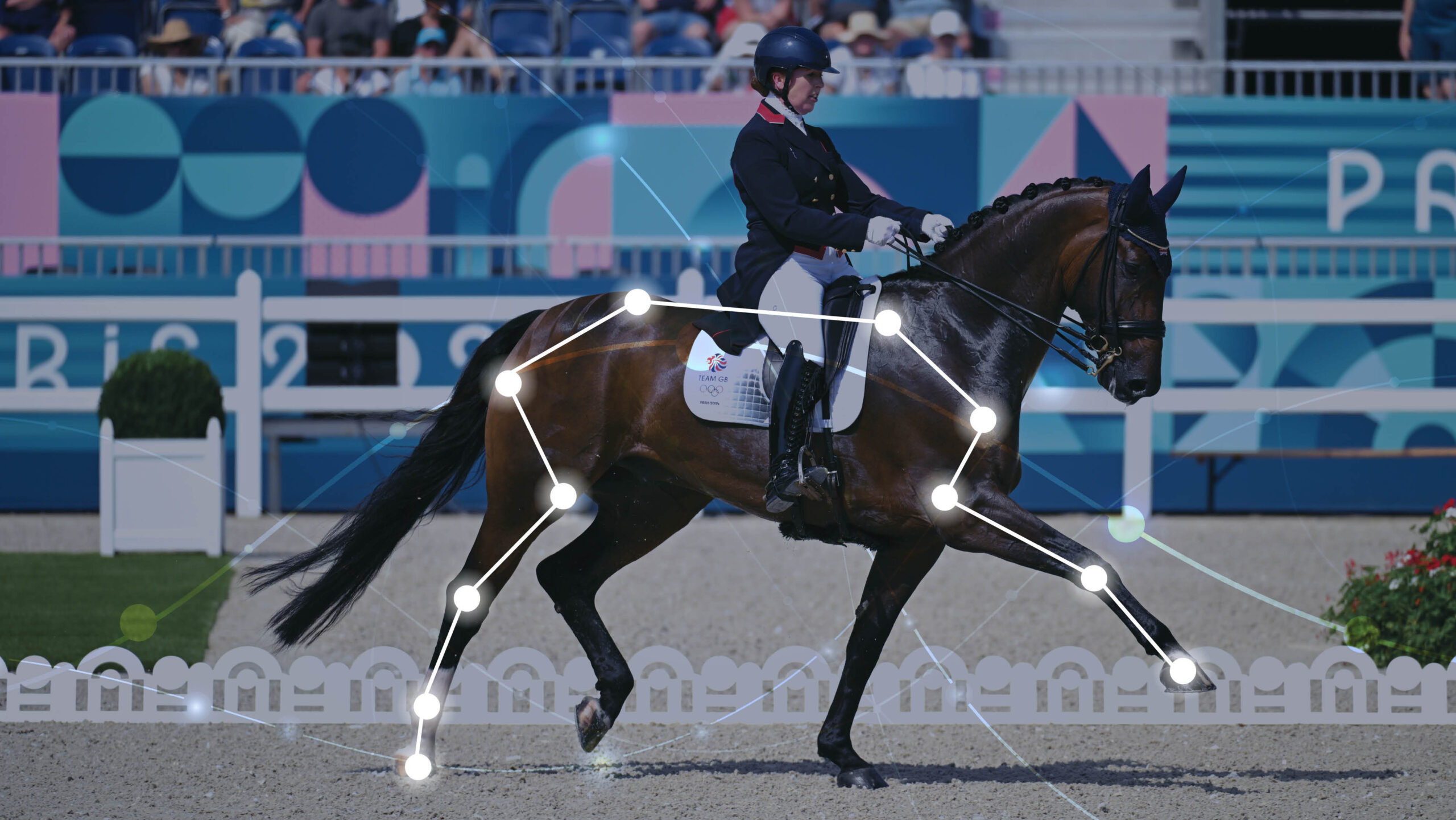 Becky Moody and Jagerbomb competing at the Paris 2024 Olympics, overlaid with white dots and lines tracking skeletal points on the rider's body, illustrating how AI dressage judging and motion-capture technology could analyse performance in the arena.