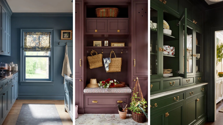 A three-panel image showcasing a series of painted rooms. The left panel shows a kitchen with blue cabinetry, the middle a mudroom with maroon cabinets, and the right a dark green butler’s pantry.