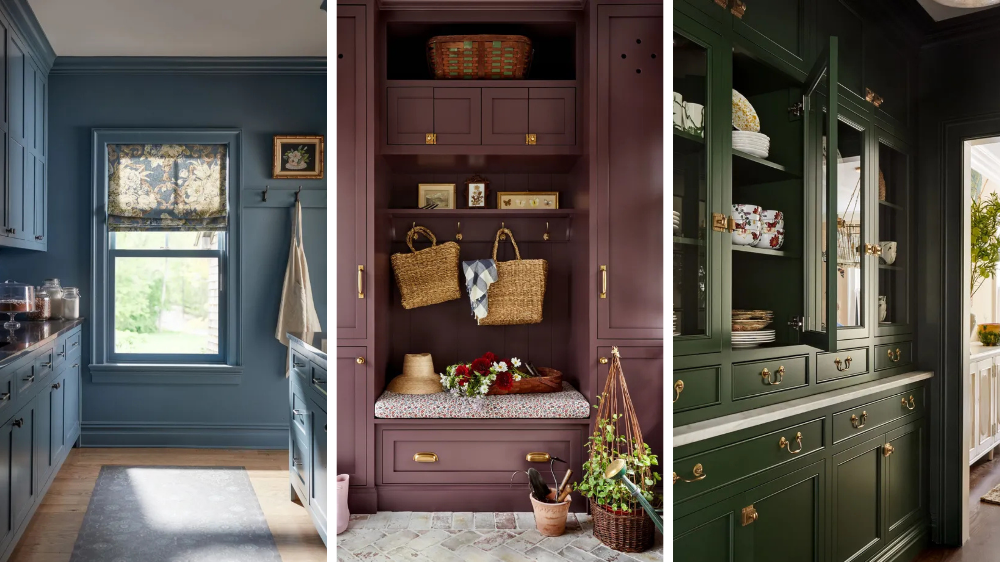 A three-panel image showcasing a series of painted rooms. The left panel shows a kitchen with blue cabinetry, the middle a mudroom with maroon cabinets, and the right a dark green butler&rsquo;s pantry.