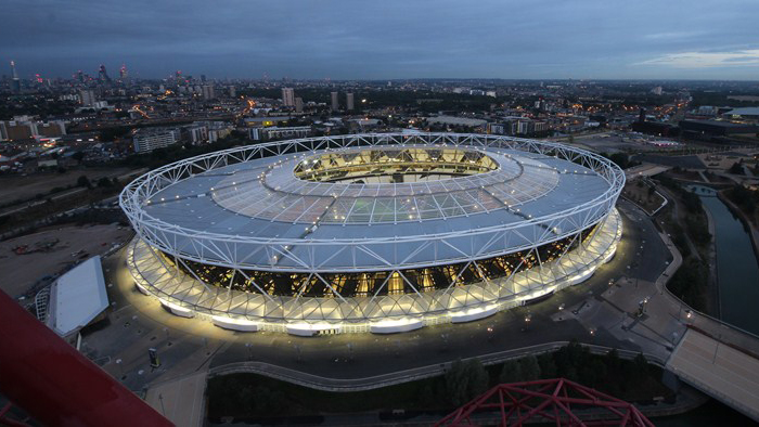 Aerial view of London Stadium in the evening