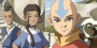 Sokka, Katara, Aang, and Momo