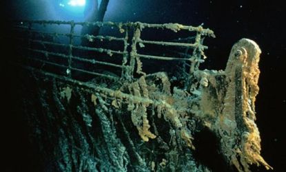 The Titanic's bow and railing 12,600 feet below the surface.