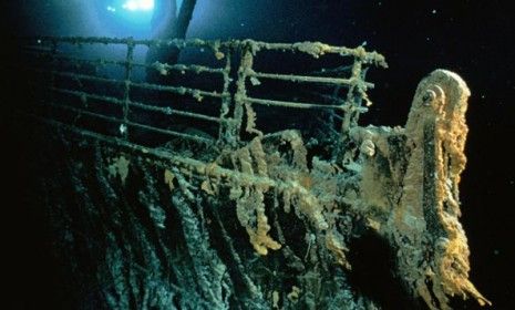 The Titanic&amp;#039;s bow and railing 12,600 feet below the surface.