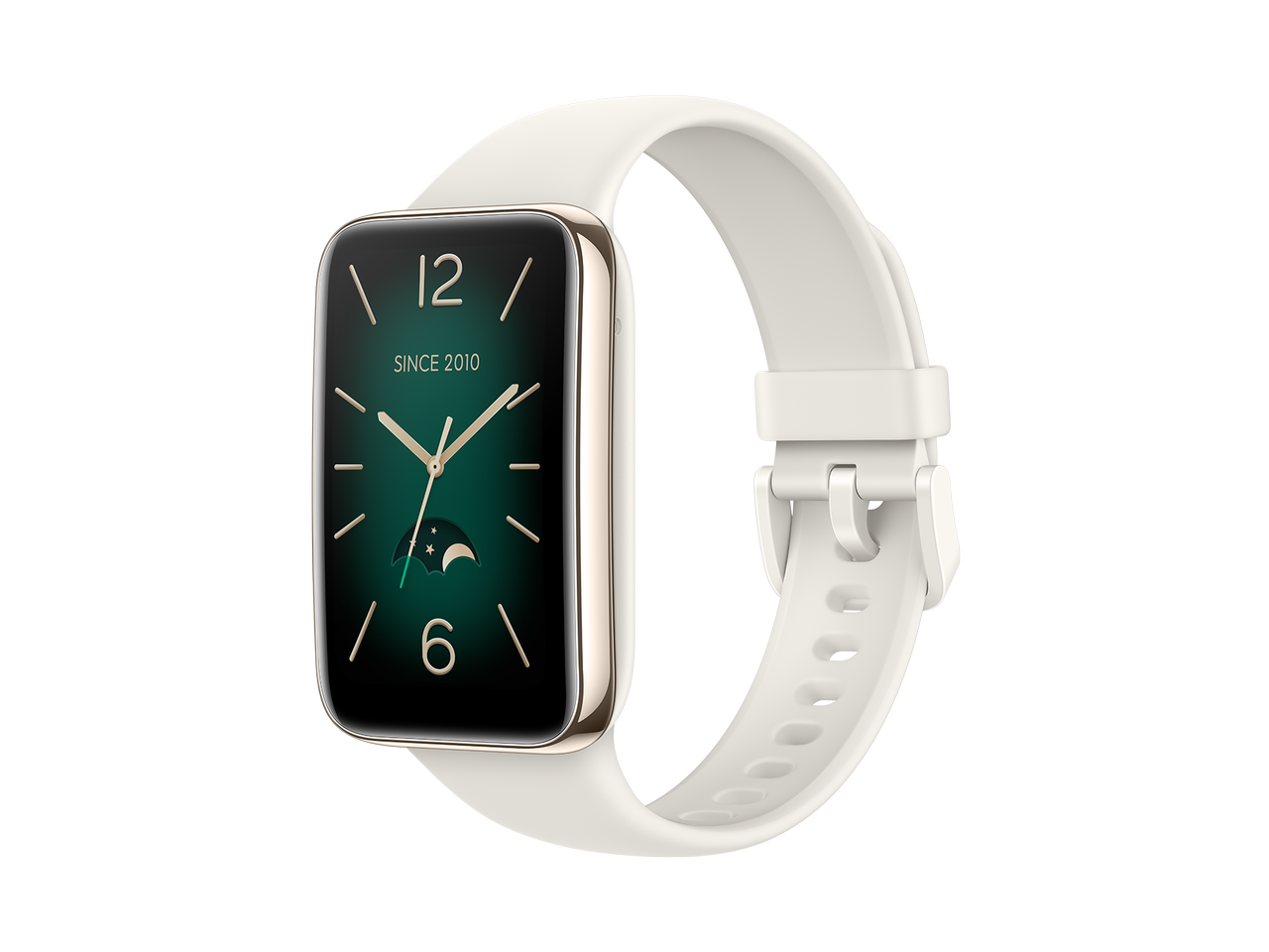 A Xiaomi Smart Band 7 Pro with a classic watch face and a White strap