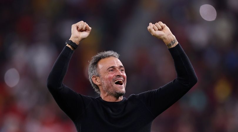 Spain coach Luis Enrique celebrates during his side&#039;s 7-0 win over Costa Rica at the 2022 World Cup.