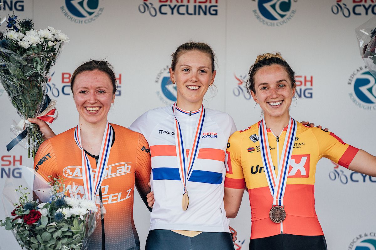 Picture by Zac Williams/SWpix.com- 21/06/2023 - Cycling - 2023 British National Road Championships - Croft Circuit, Darlington, England - Elite Women's Time Trial - Elizabeth Holden, UAE Team ADJ, wins, Anna Morris, 2nd and Elinor Barker, Team Uno-X 3rd.