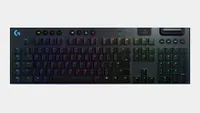 Logitech G915 gaming keyboard on a gray background.