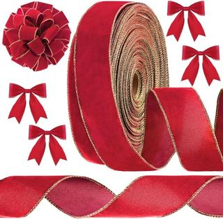 Latern 28m Christmas Velvet Ribbon, 6.3cm Width Wired Velvet Ribbon Waterproof Wrapping Velvet Ribbon With Gold Edge for Xmas Gift Wrapping Xmas Tree Diy Wreath Christmas Bow Decoration (red)