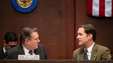 Chairman Rep. Mike Turner, R-Ohio, left, speaks with ranking member Rep. Jim Himes, D-Conn