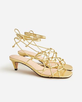 Zadie Knotted Lace-Up Kitten Heels in Metallic Leather