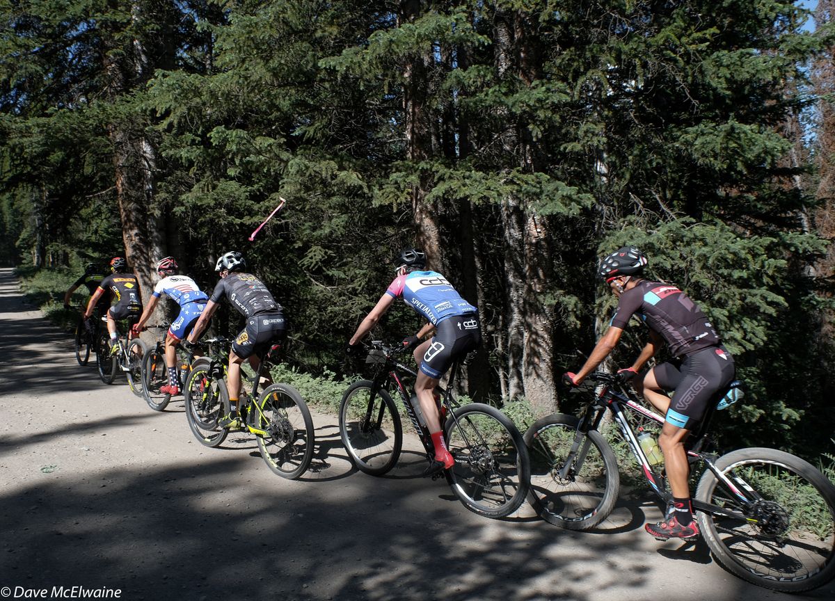 The leader riding a paceline on the dirt section of Boreas Pass Road