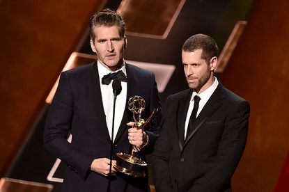 David Benioff (L) and D.B. Weiss accept Outstanding Writing for a Drama Series award for 'Game of Thrones' onstage during the 67th Annual Primetime Emmy Awards at Microsoft Theater on Septemb