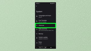 A screenshot from Android showing the System menu with 'Gestures' highlighted