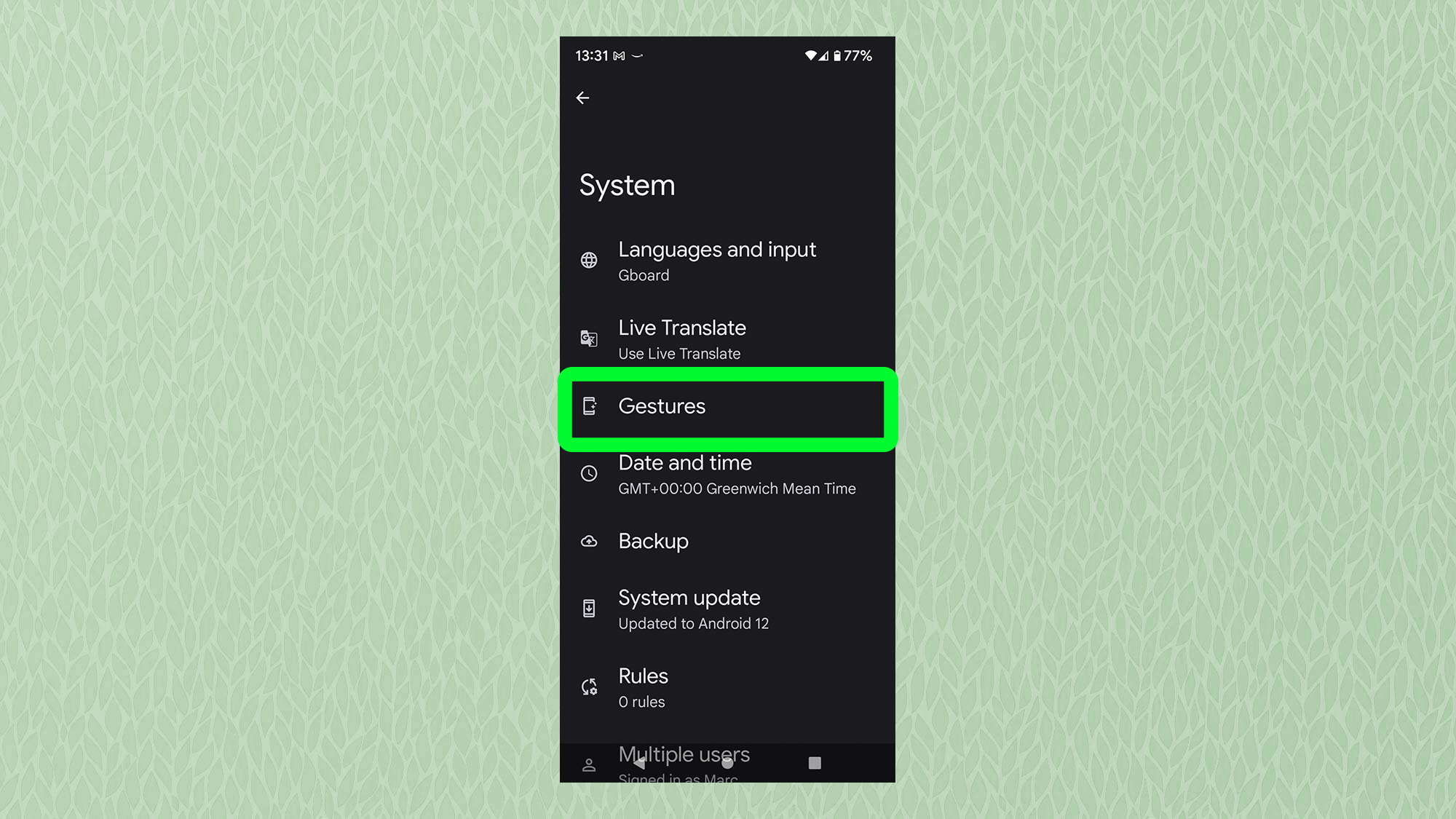 Снимок экрана с Android, показывающий системное меню с выделенными жестами.