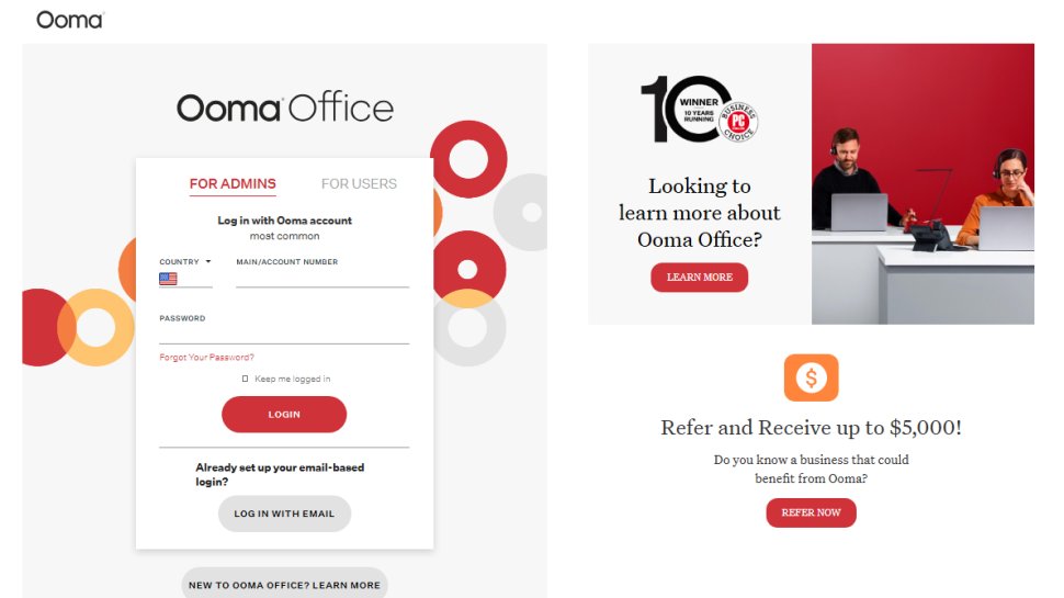 Website screenshot of Ooma Office (March, 2026)