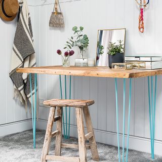 Upcycled wood desk with wooden stool