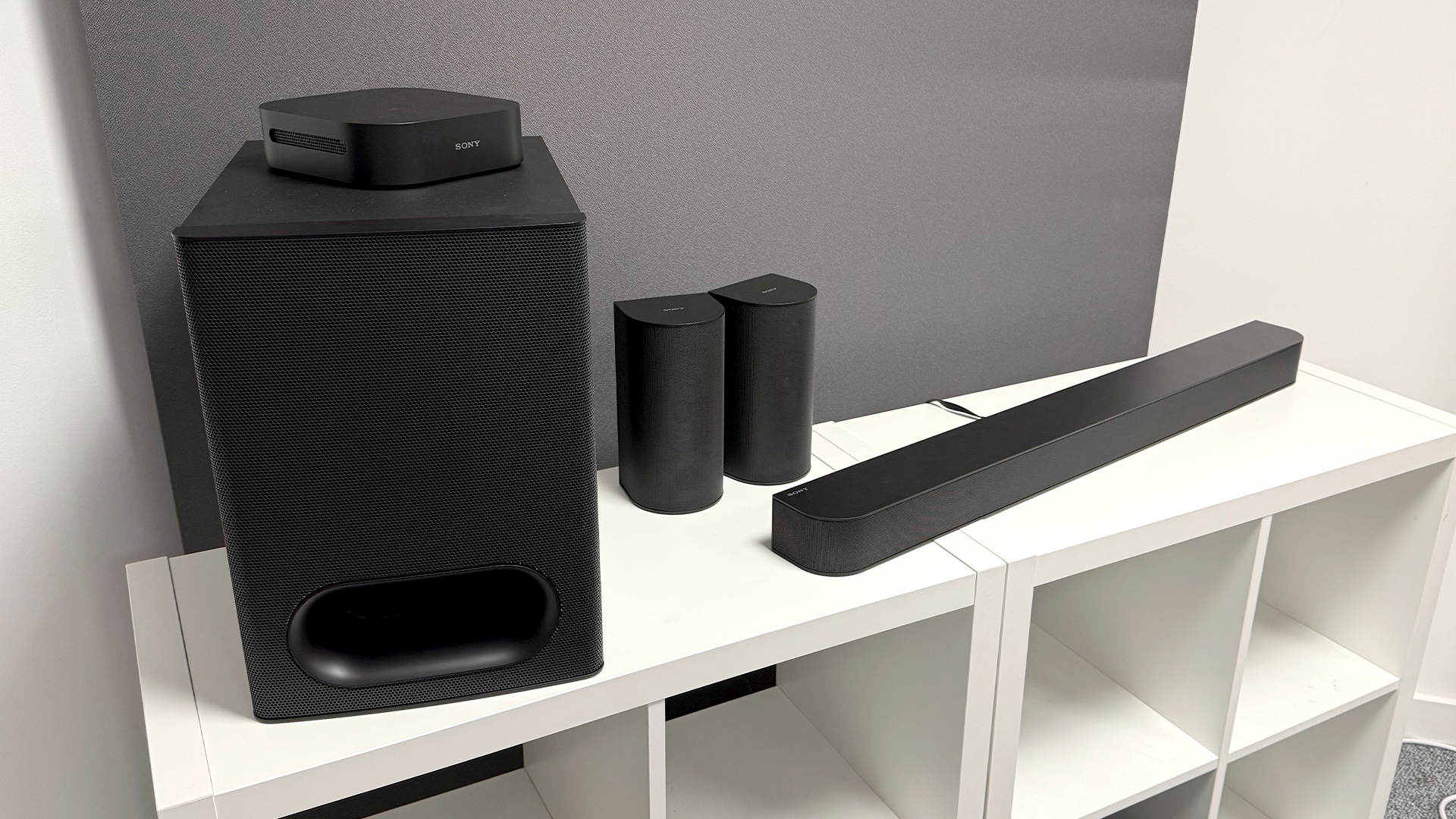 Sony Bravia Theatre System 6 soundbar on white shelving unit