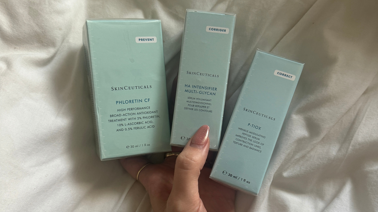 a lineup of some of the best Skinceuticals products chosen by Rebecca Fearn