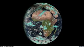 The moon's shadow on Earth is seen during the total solar eclipse of March 20, 2015 in this amazing view from the Earth-observing satellite Meteosat 10 operated by Eumetsat.