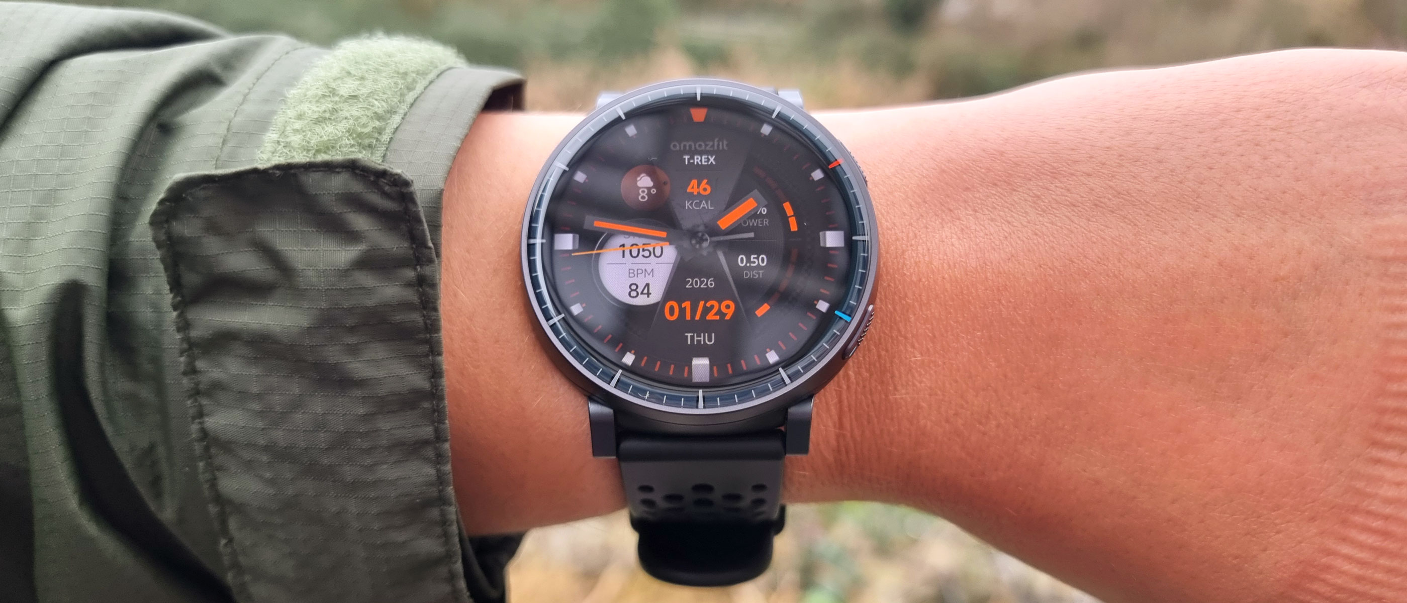 A close-up picture of our reviewer wearing the Amazfit Active Max smartwatch