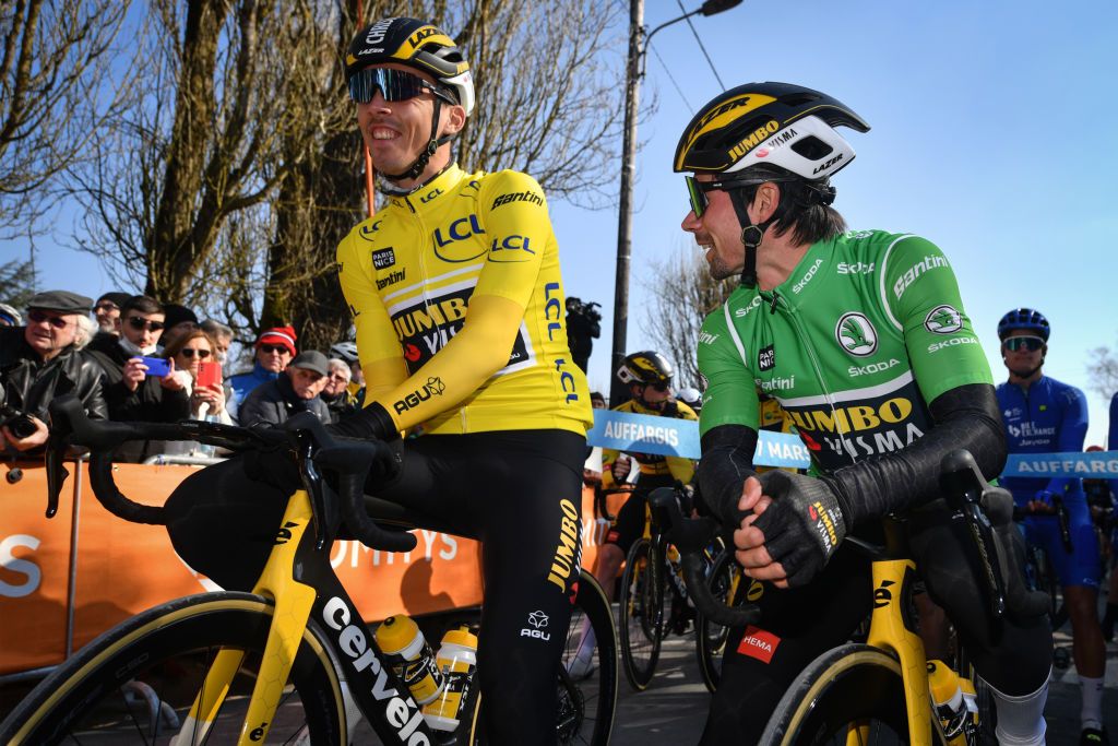 French Christophe Laporte of JumboVisma wearing the yellow jersey and Slovenian Primoz Roglic of JumboVisma wearing the green jersey at the start of the second stage of 80th edition of the ParisNice eight day cycling stage race from Auffargis to Orleans 1592km Monday 07 March 2022 BELGA PHOTO DAVID STOCKMAN Photo by DAVID STOCKMANBELGA MAGAFP via Getty Images
