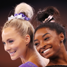 Mykayla Skinner and Simone Biles of Team United States pose for a photo during Women's Podium Training ahead of the Tokyo 2020 Olympic Games at Ariake Gymnastics Centre on July 22, 2021 in Tokyo, Japan.