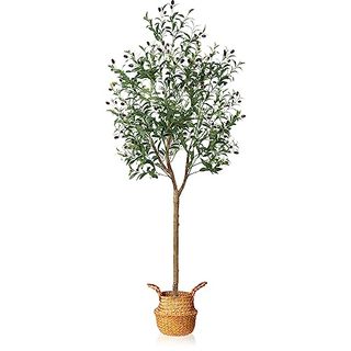 Mosade Artificial Olive Tree 6 Feet Fake Olive Silk Plant and Handmade Seagrass Basket, Perfect Tall Faux Topiary Silk Tree for Indoor Entryway Modern Decor Home Office Porch Balcony Gift,1pack