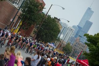 Riders in the Intelligentsia Cup are framed by the Chicago skyline.
