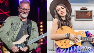 A composite photo of Anders Osborne playing his Fender Stratocaster onstage and Bella Rayne posing with a Gibson Les Paul