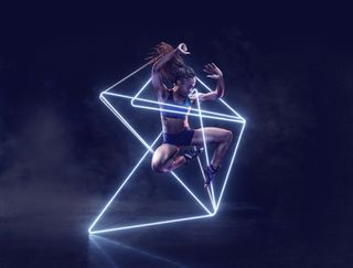 Athlete in action pose, encased in a geometric 3D shape made of neon