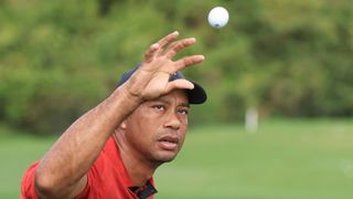 Tiger Woods catching a golf ball. 