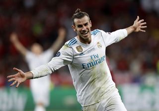 Gareth Bale celebrates after scoring for Real Madrid in the 2018 Champions League final against Liverpool.