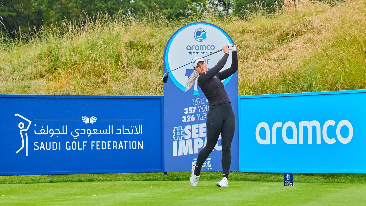 Charley Hull hits driver at an Aramco Team Series event