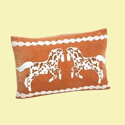 Brown & Cream Embroidered Horse Velvet Cushion Cover 