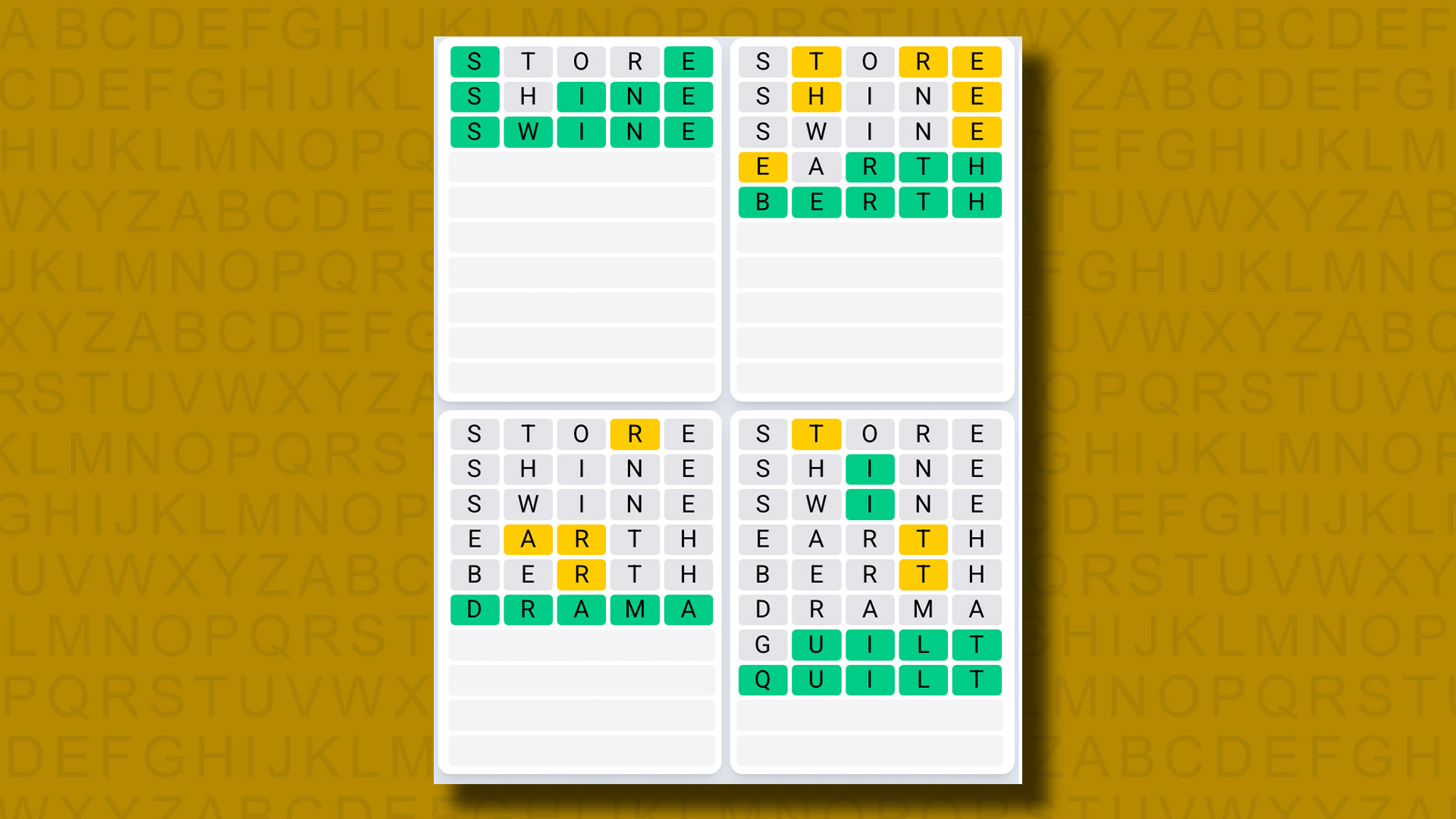 Quordle Daily Sequence answers for game 1281 on a yellow background