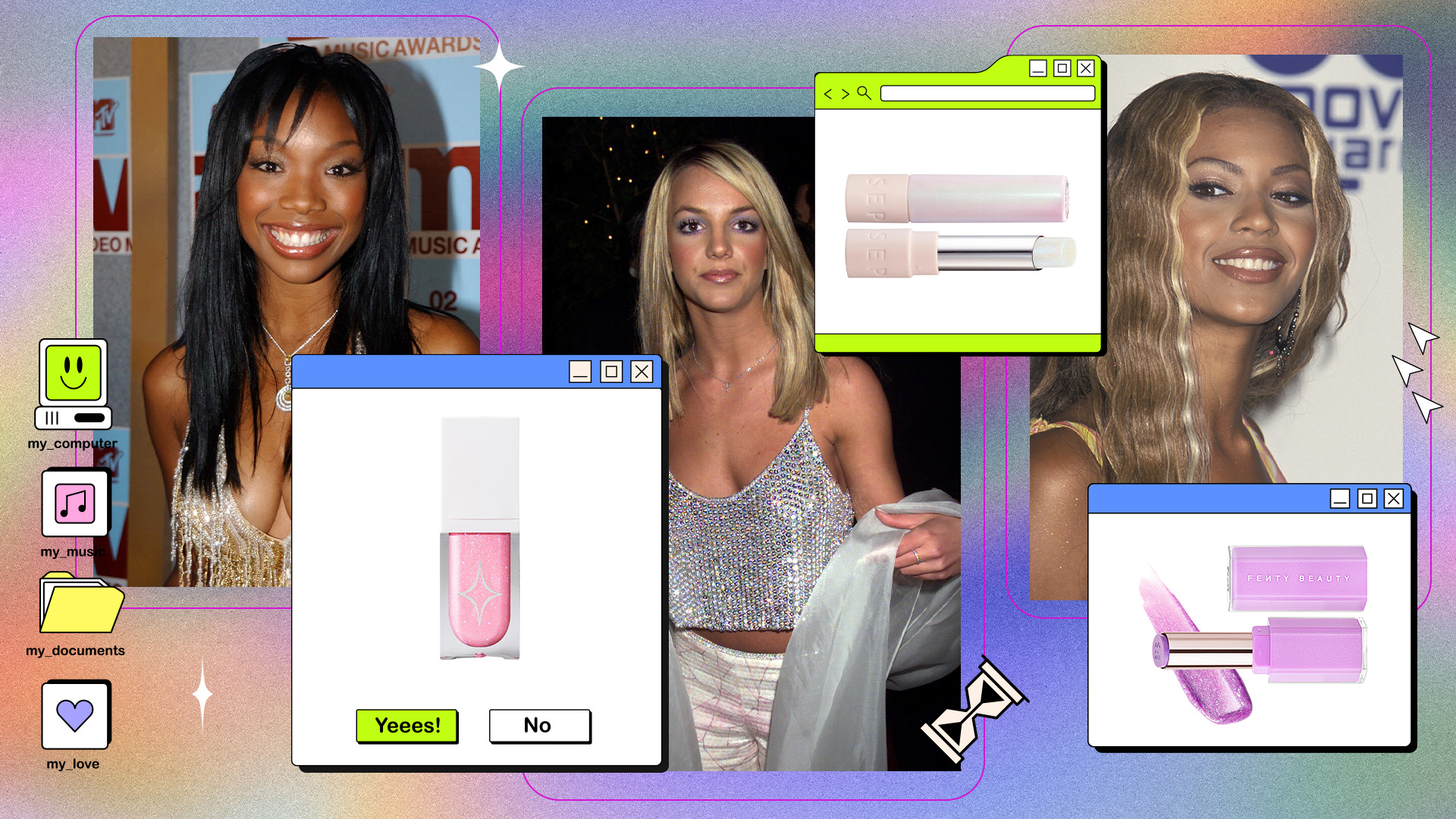 Y2K collage featuring celebrities wearing glitter lipstick