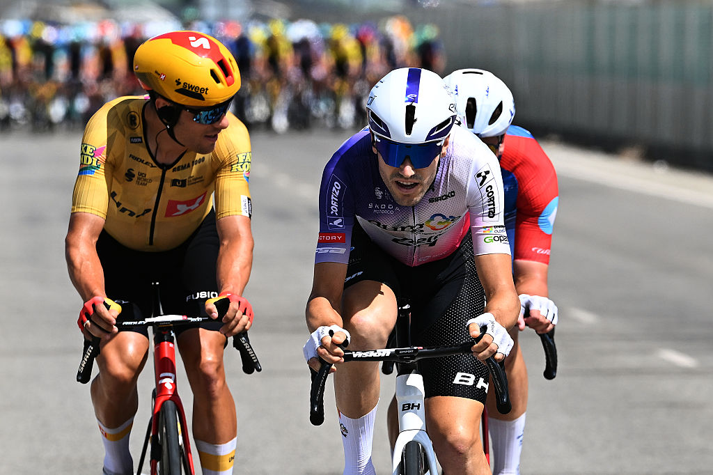 SEVILLA, SPAIN - SEPTEMBER 09: (L-R) Fredrik Dversnes of Norway and Team Uno-X Mobility and Sinuhe Fernandez of Spain and Team Burgos Burpellet BH compete in the breakaway during the La Vuelta - 81st Tour of Spain 202, Stage 17 a 185km stage from Dos Hermanas to Sevilla / #UCIWT / stage from on September 09, 2026 in Sevilla, Spain. (Photo by Tim de Waele/Getty Images)