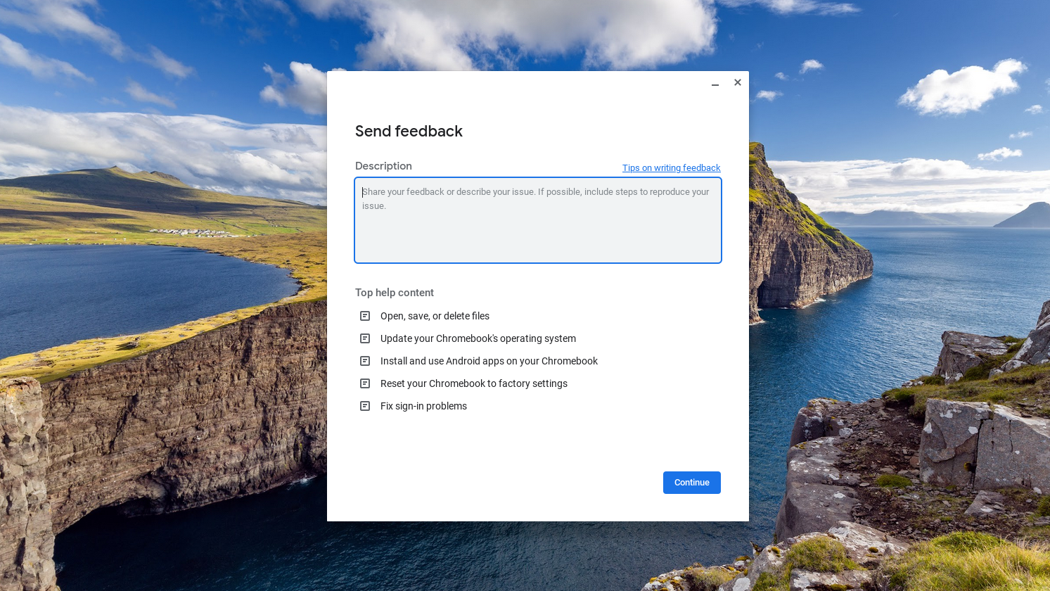Updated 'Send Feedback' interface on ChromeOS 110