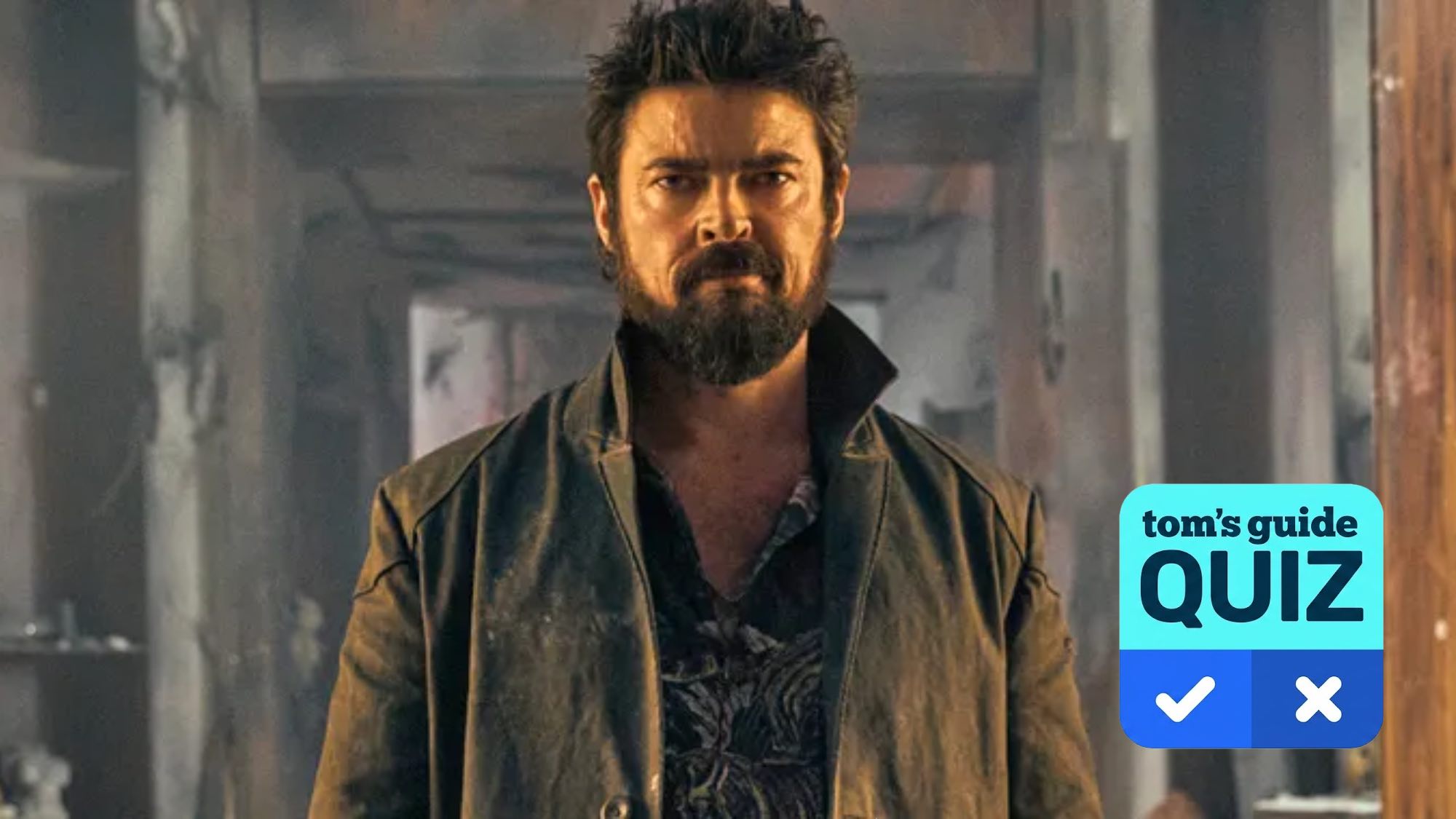 A photo of Karl Urban in The Boys with Tom's Guide Quiz graphic overlaid