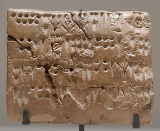 Economic tablet with numeric signs and Proto-Elamite script. Clay accounting tokens, Uruk period. From the Tell of the Acropolis in Susa.