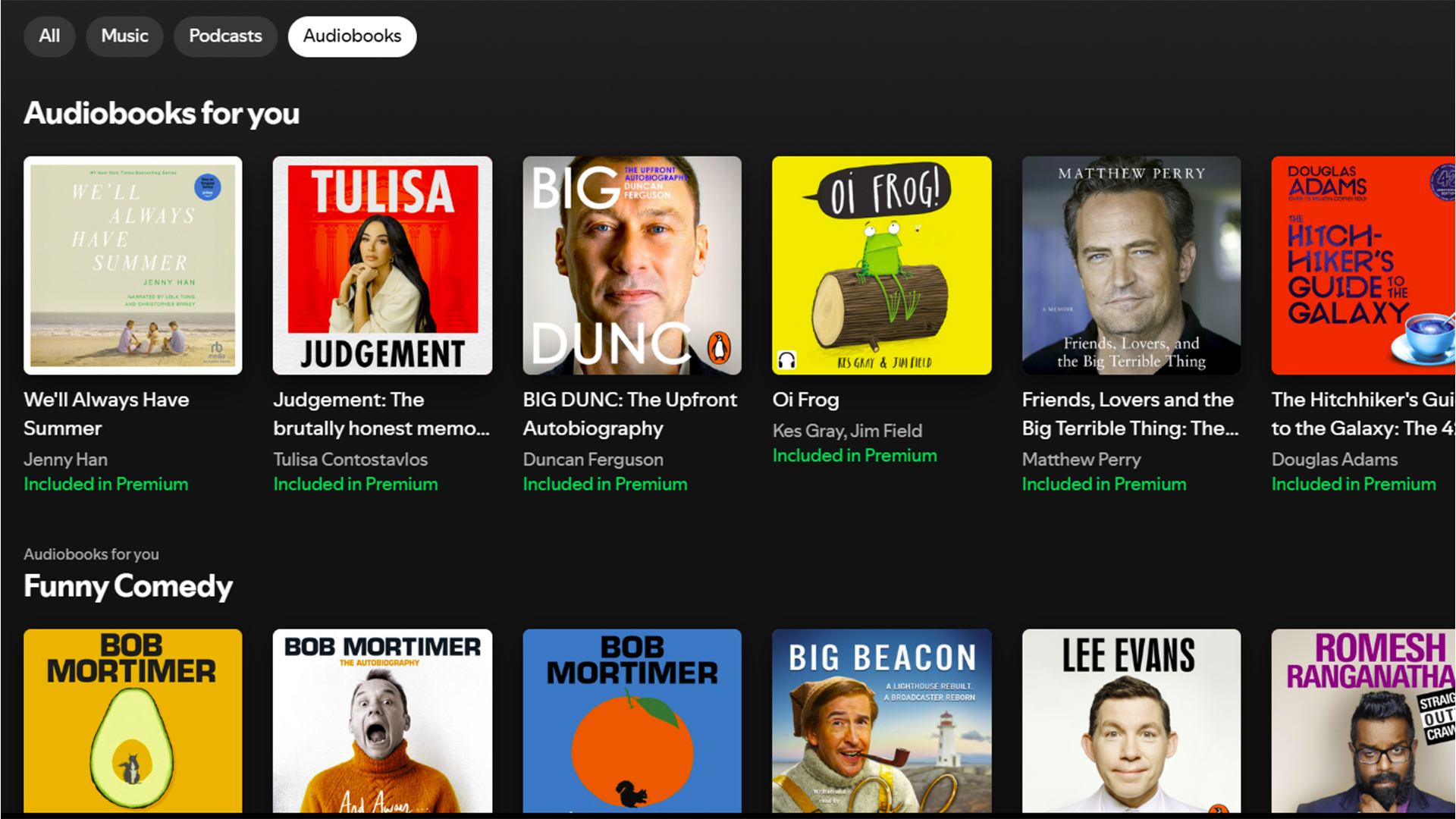 Spotify music streaming service showing audiobooks and comedy