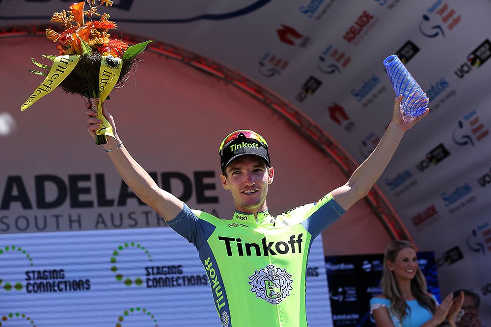 Jay McCarthy on the stage 2 podium at the Tour Down Under