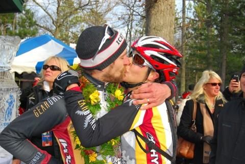 Brian Matter is congratulated by his wife and teammate, Andrea Matter, who finished 13th in the pro women's race.